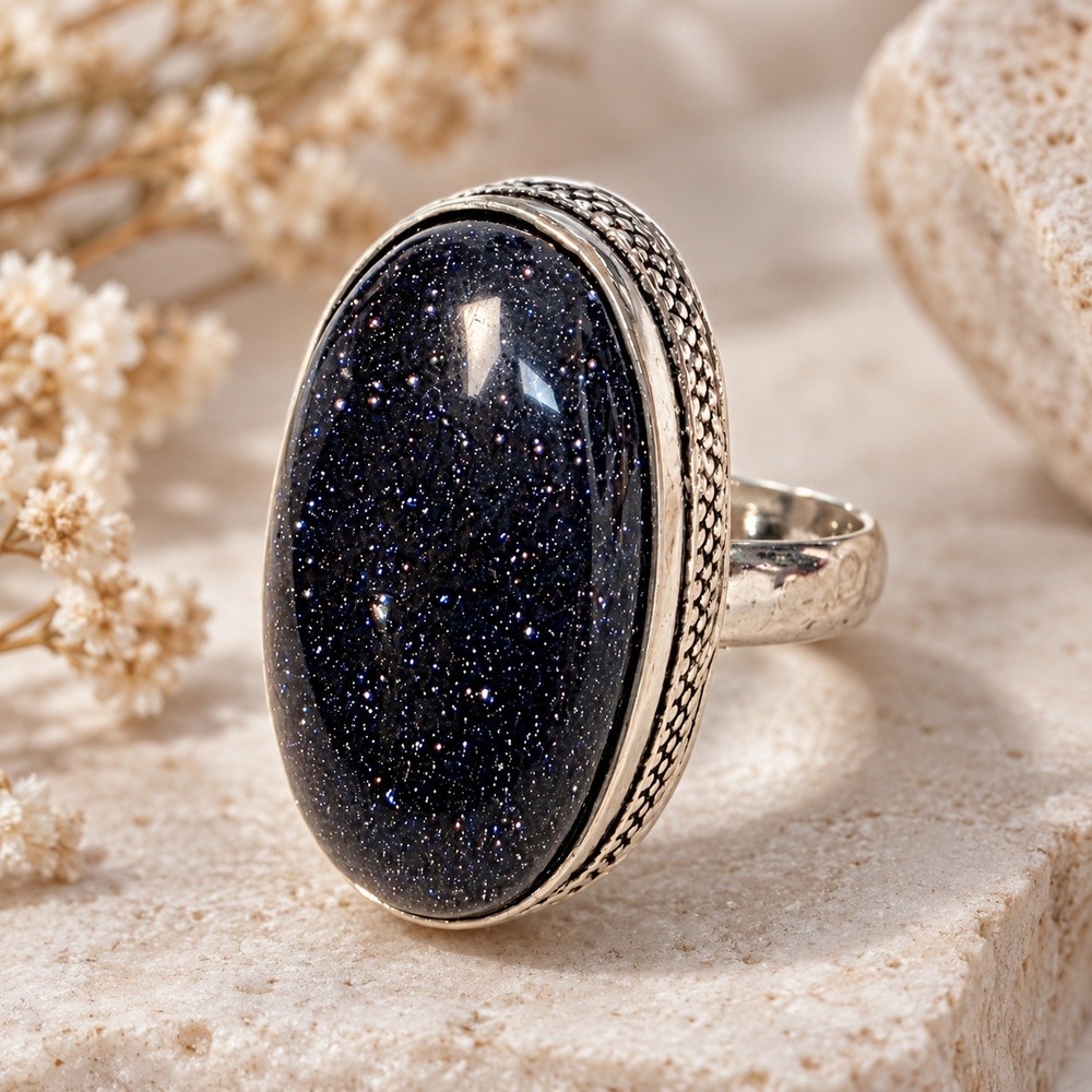 Blue Sunstone Gemstone Tibetan Handmade Ring US Size 8 Boho Celestial Artisan